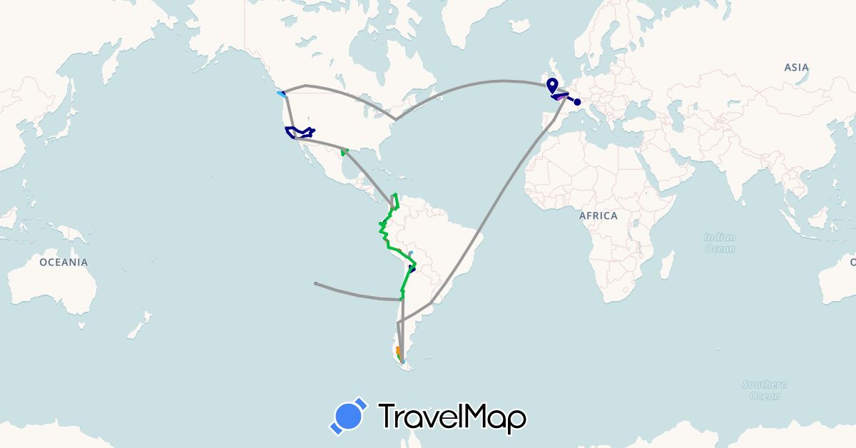 TravelMap itinerary: driving, bus, plane, cycling, train, hiking, boat, hitchhiking in Argentina, Bolivia, Canada, Chile, Colombia, Ecuador, Spain, France, Peru, United States (Europe, North America, South America)